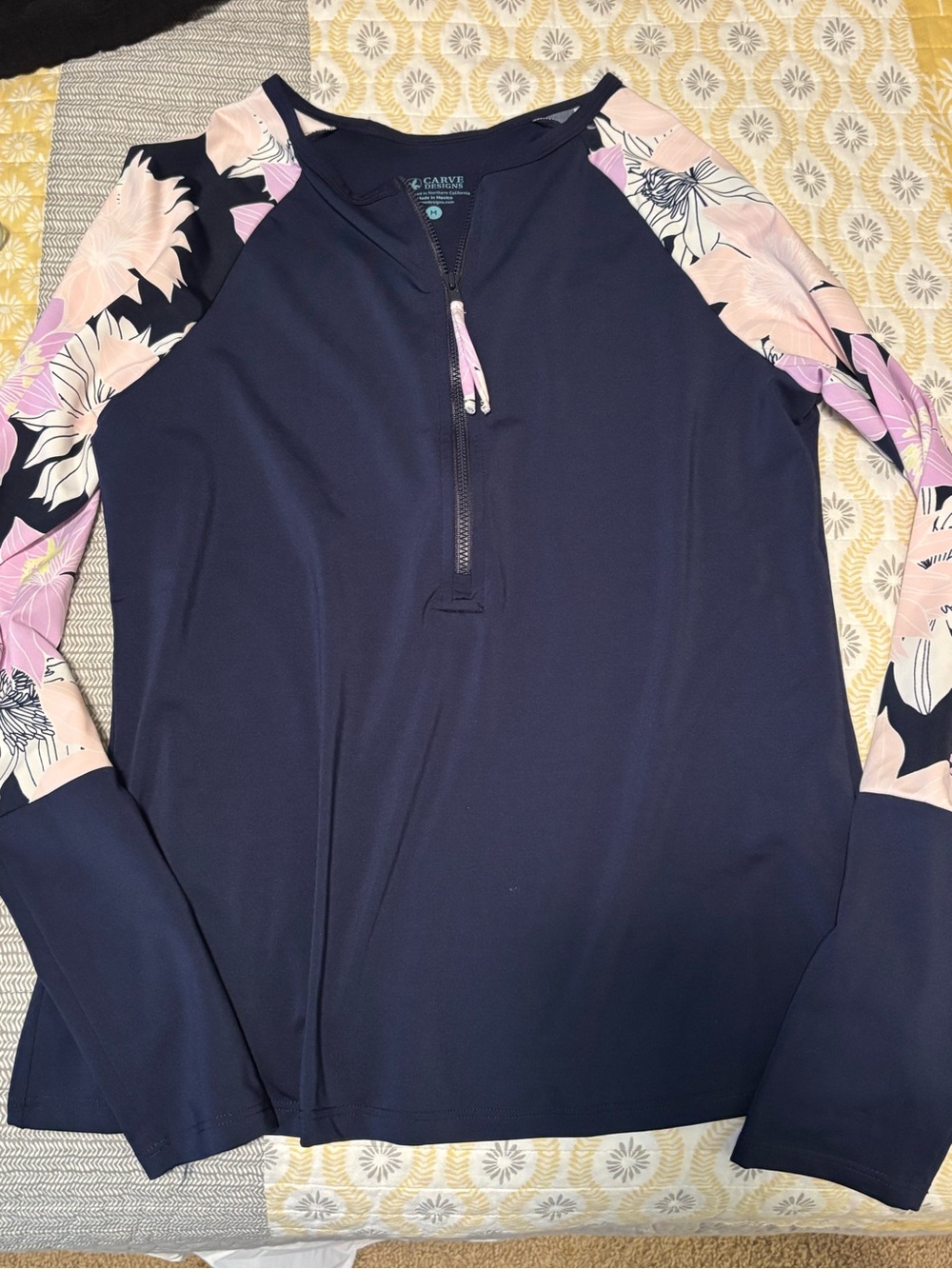 Carve Designs Navy Zip-Up Raglan Sweater with Pink Floral Sleeves
